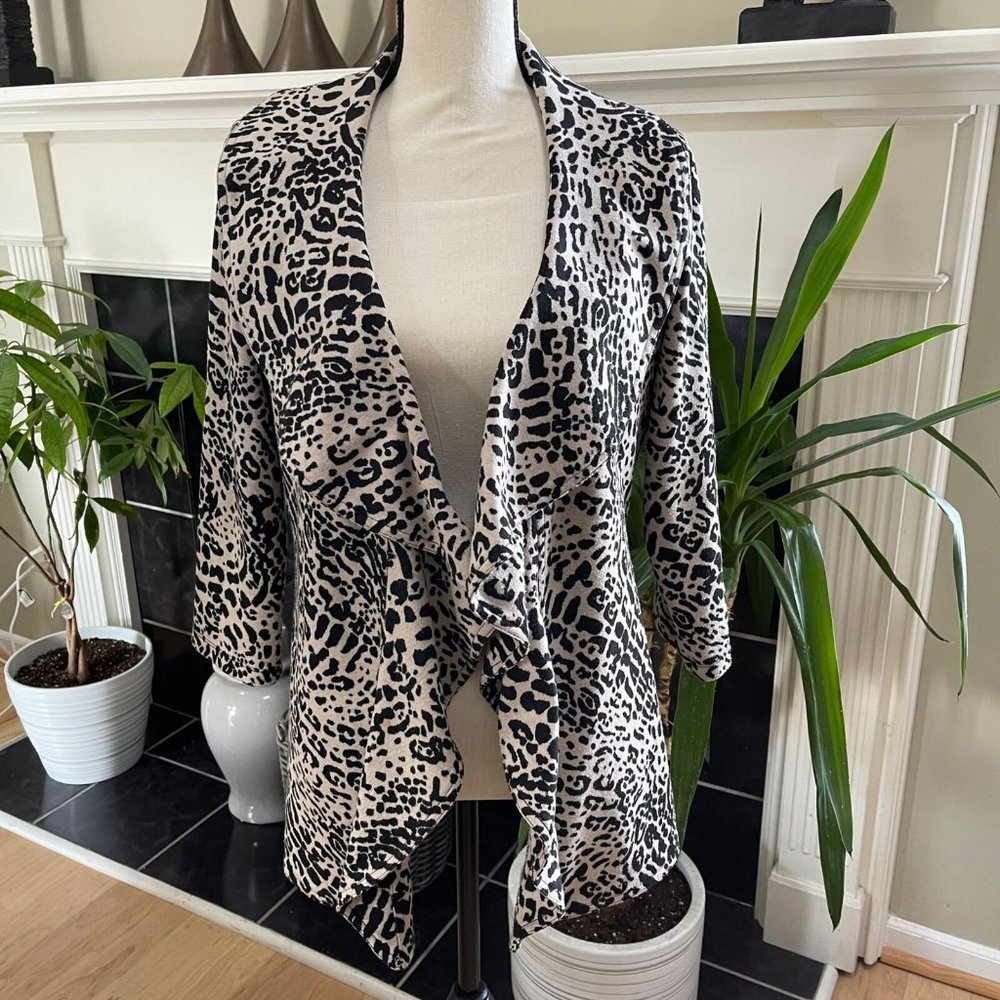 CALVIN KLEIN Women's Black Leopard Open Front Blazer Jacket 3/4 Sleeves Size 8